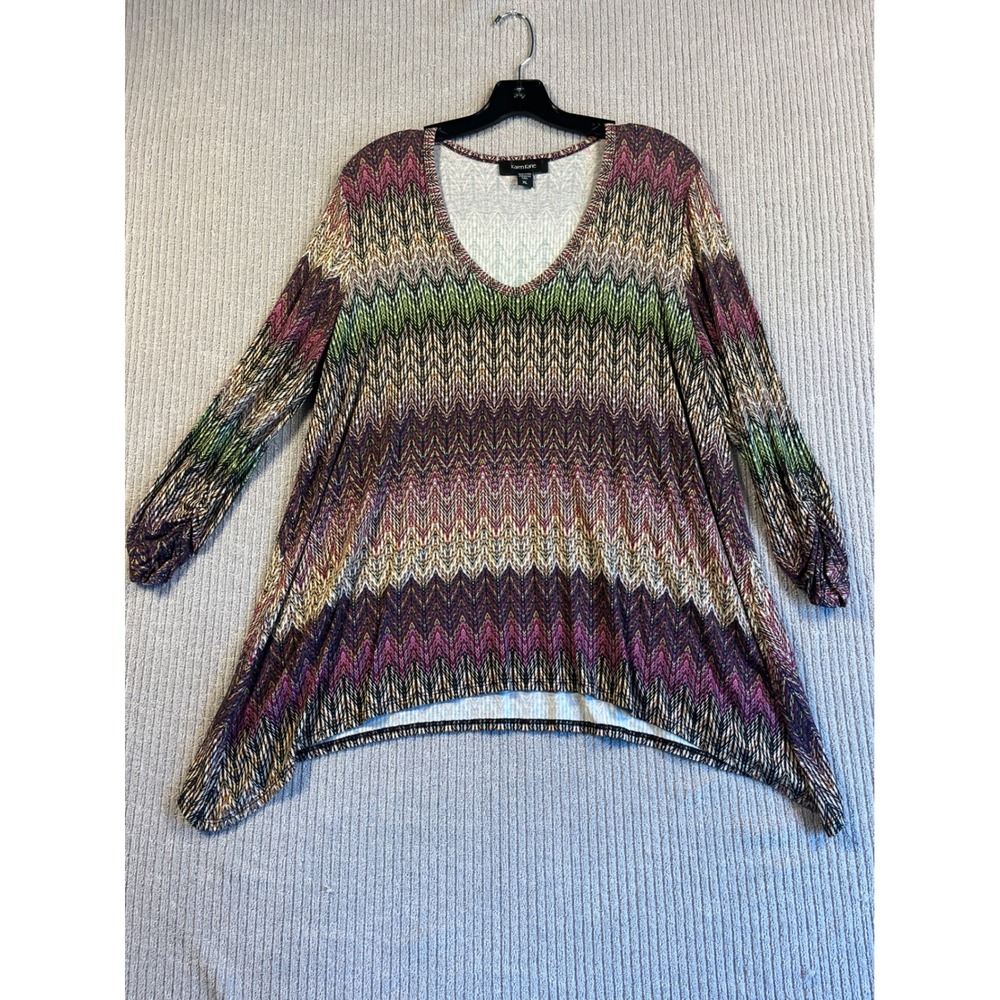 Karen Kane Top Womens XL Tunic Chevron Zigzag V-Neck Sharkbite Hem Multi-Color